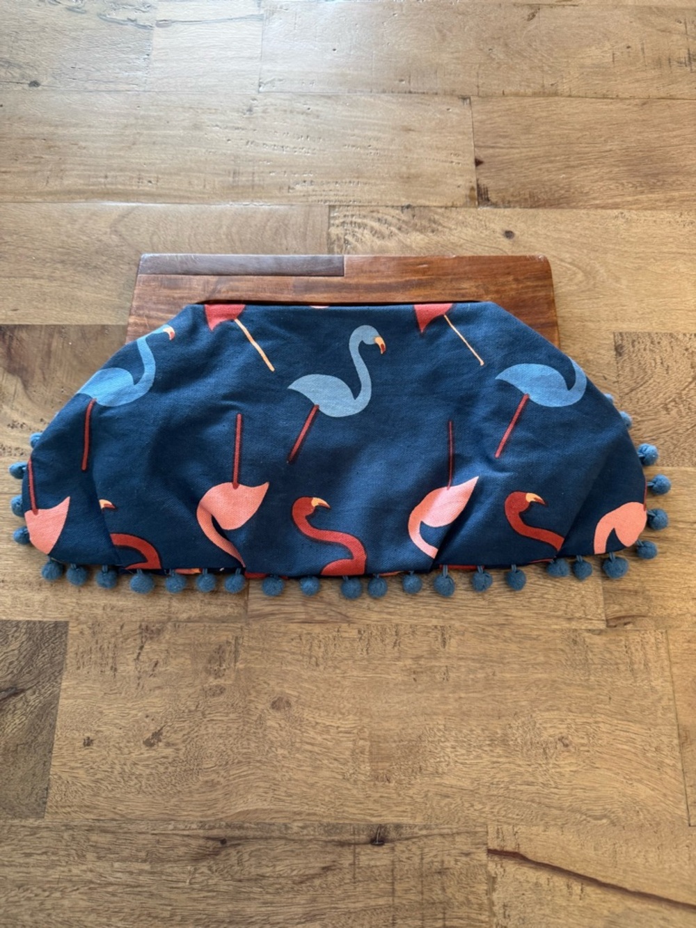 Dayaday Navy Flamingo Pompom Trim Clutch wooden handle top